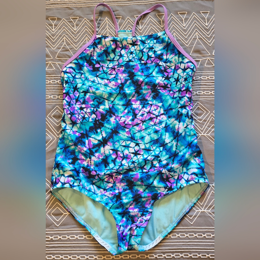 Speedo One Piece Tie Dye Geometric Print Swimsuit Size Youth XL